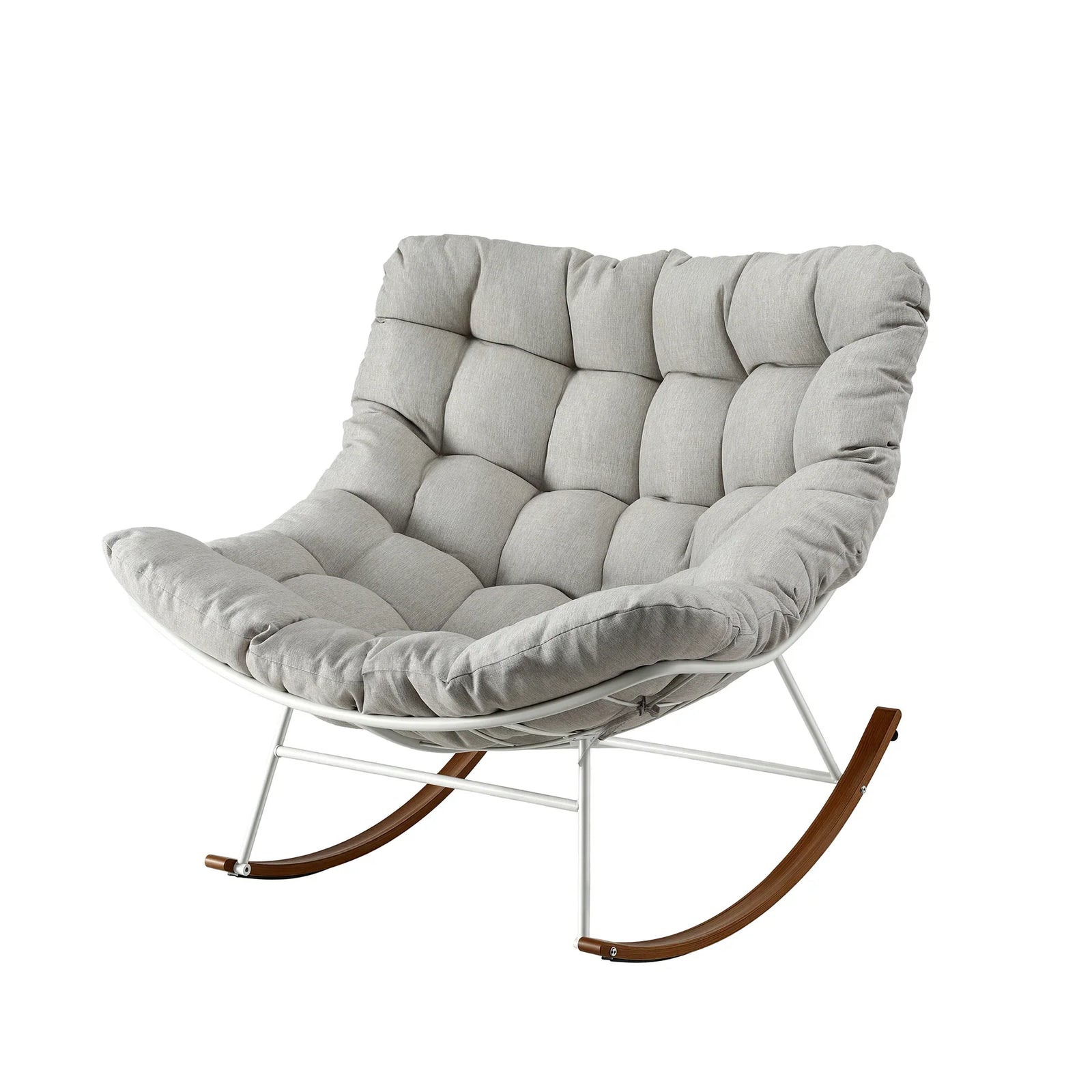 Papasan Rocking Chair with Cushion, Steel Frame & Wood‑Grain Base – Beige