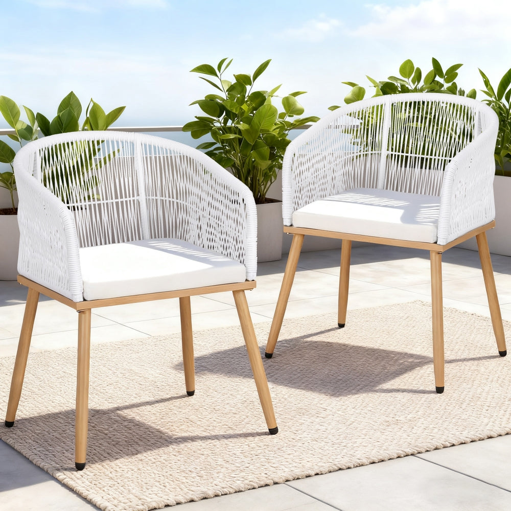 2PC Outdoor Dining Chairs Wicker Chair Patio Furniture Garden Steel White