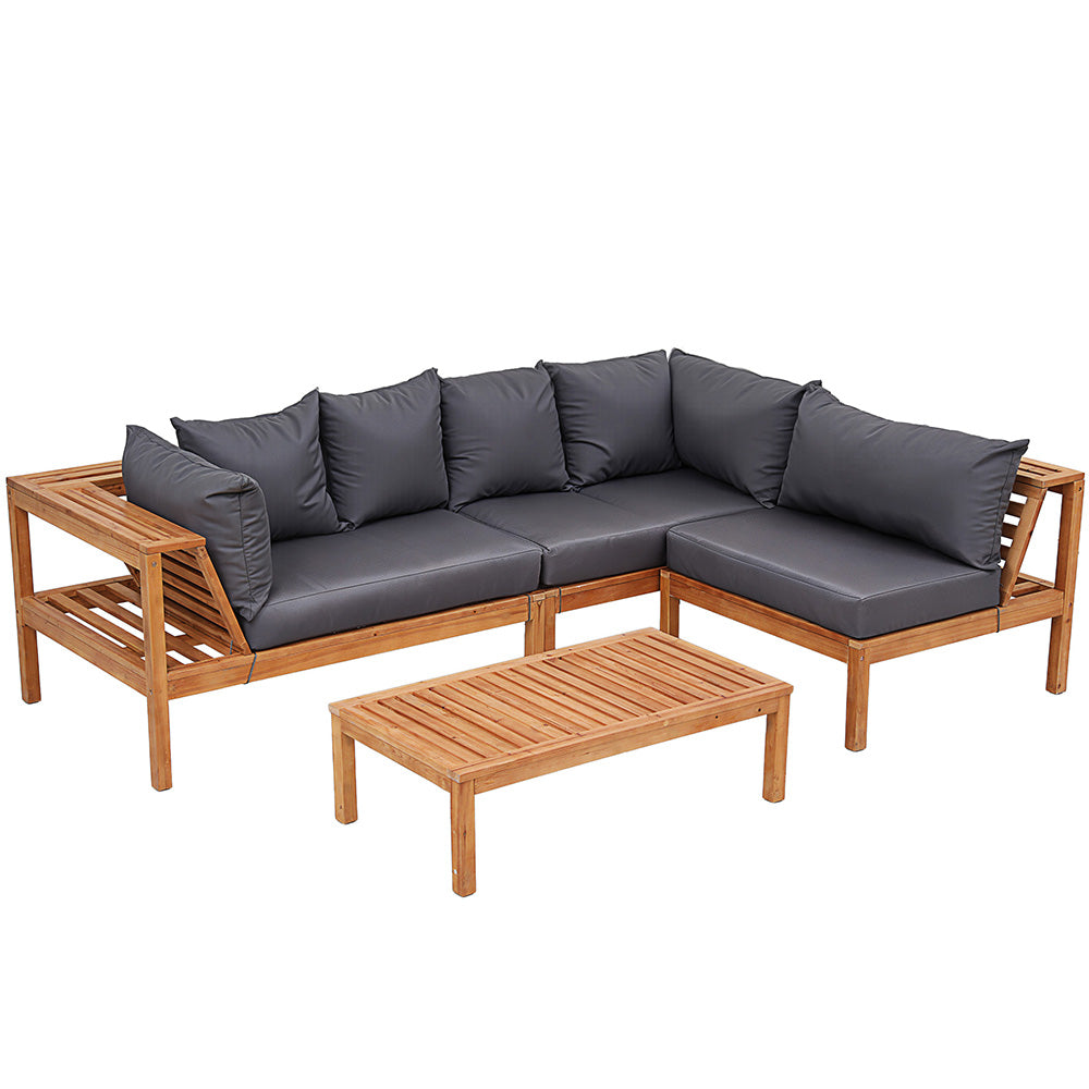 4 Pieces Outdoor Sofa Set 5-Seater Wooden Bench with Built-in Side Table