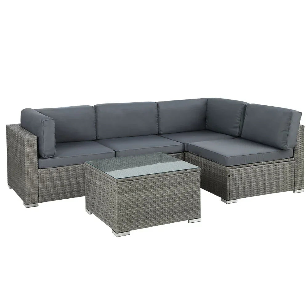 5-Piece Outdoor Rattan Sofa Set 4-Seater Wicker Lounge with Table Grey