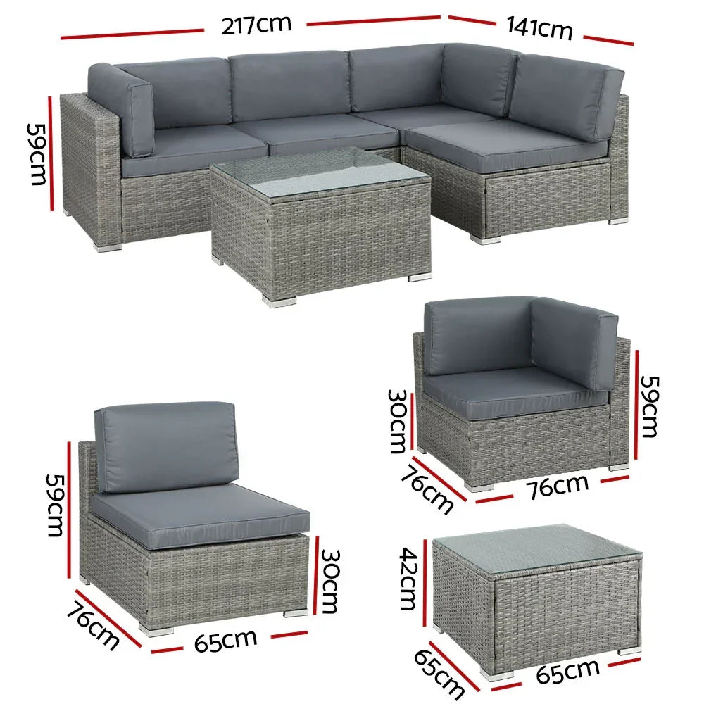 5-Piece Outdoor Rattan Sofa Set 4-Seater Wicker Lounge with Table Grey
