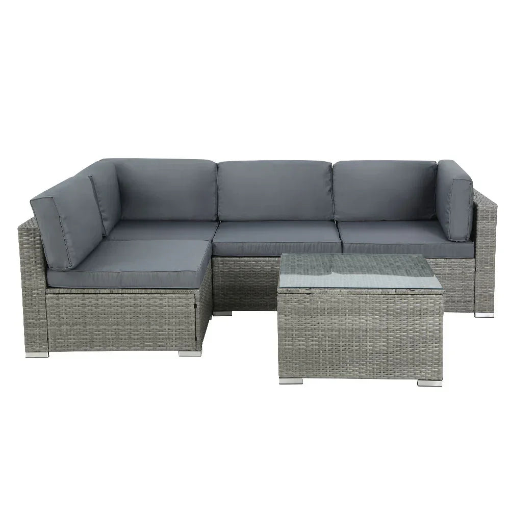 5-Piece Outdoor Rattan Sofa Set 4-Seater Wicker Lounge with Table Grey