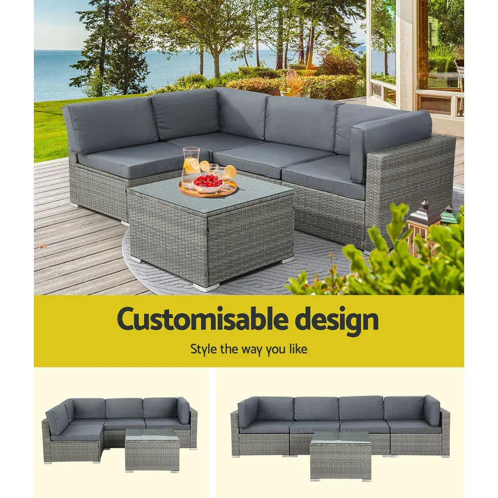 5-Piece Outdoor Rattan Sofa Set 4-Seater Wicker Lounge with Table Grey