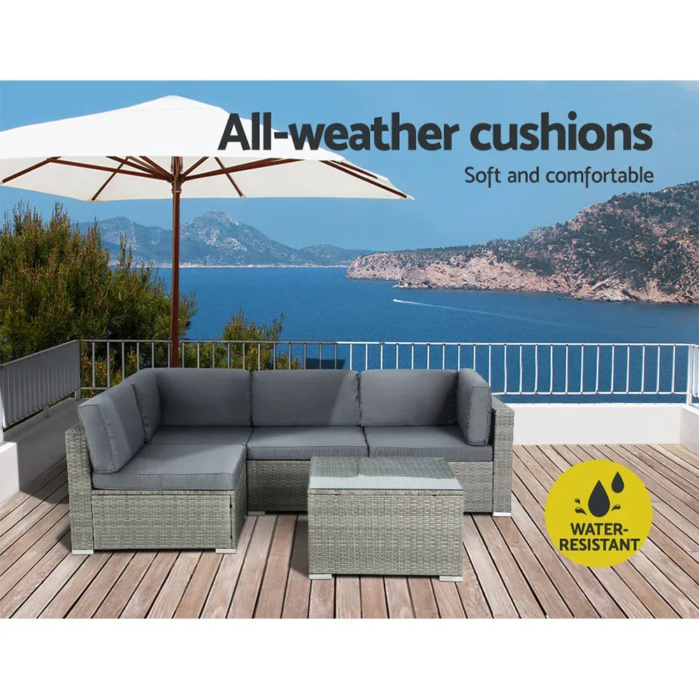 5-Piece Outdoor Rattan Sofa Set 4-Seater Wicker Lounge with Table Grey