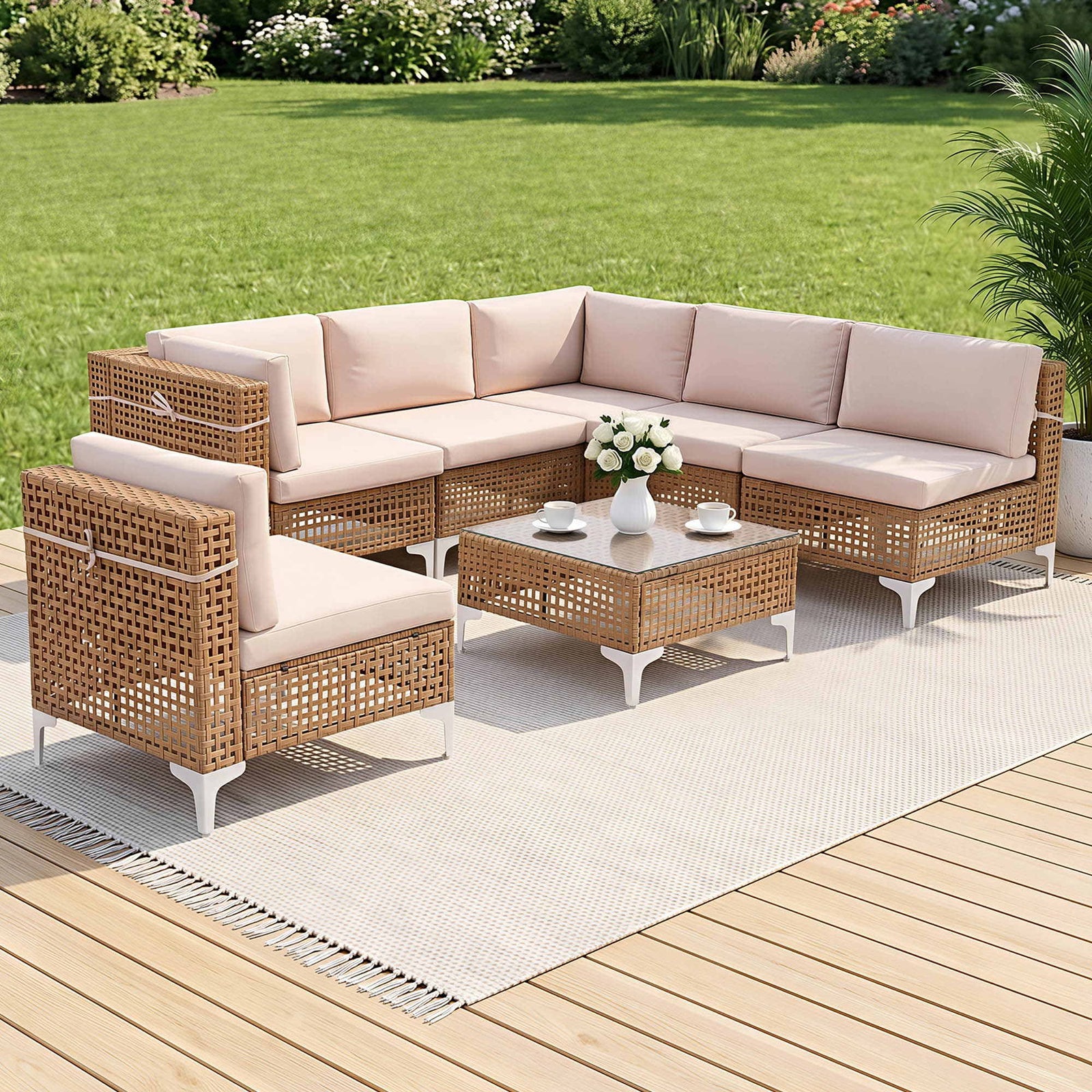 6 Seater Outdoor Rattan Sofa Set Modular Patio Furniture Beige