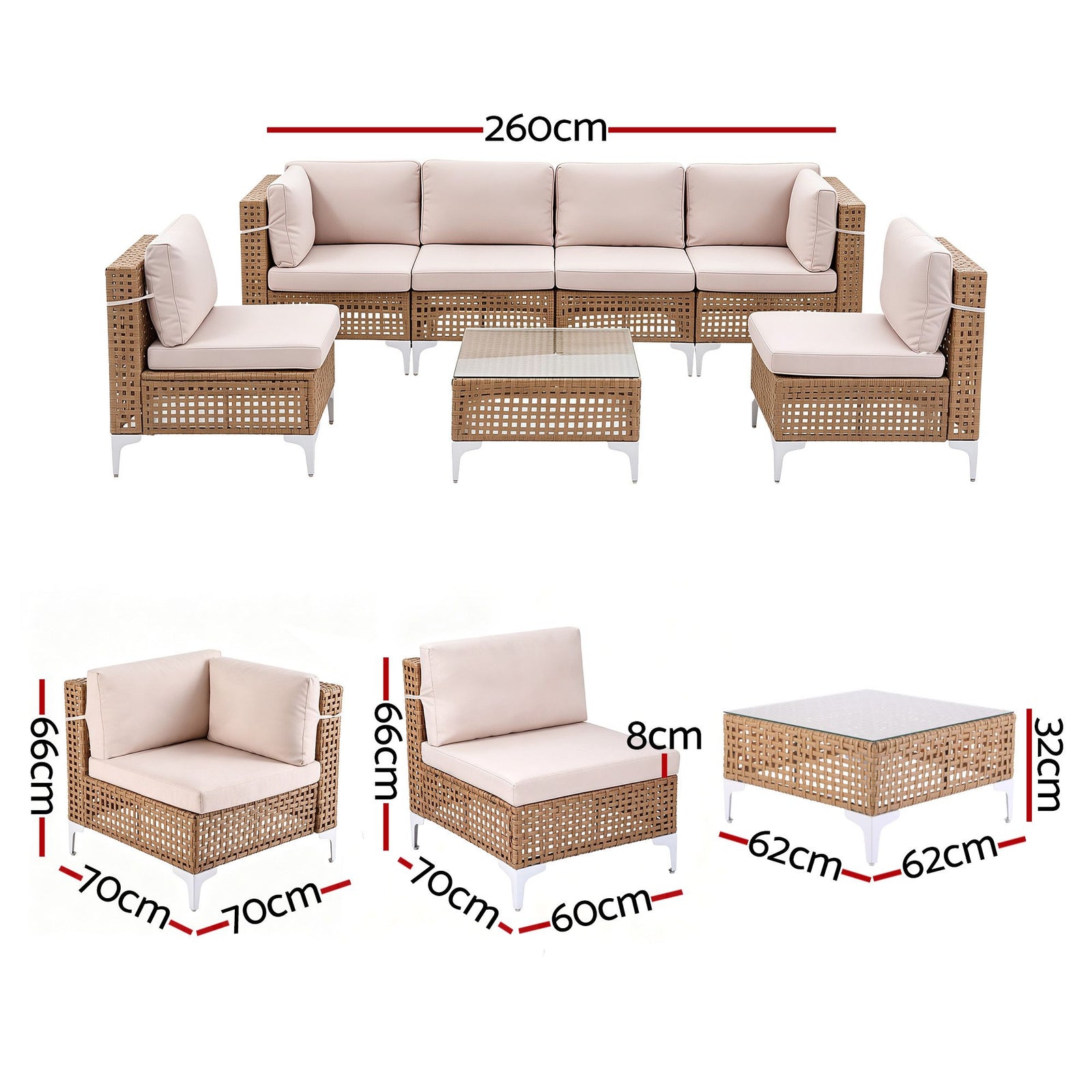 6 Seater Outdoor Rattan Sofa Set Modular Patio Furniture Beige
