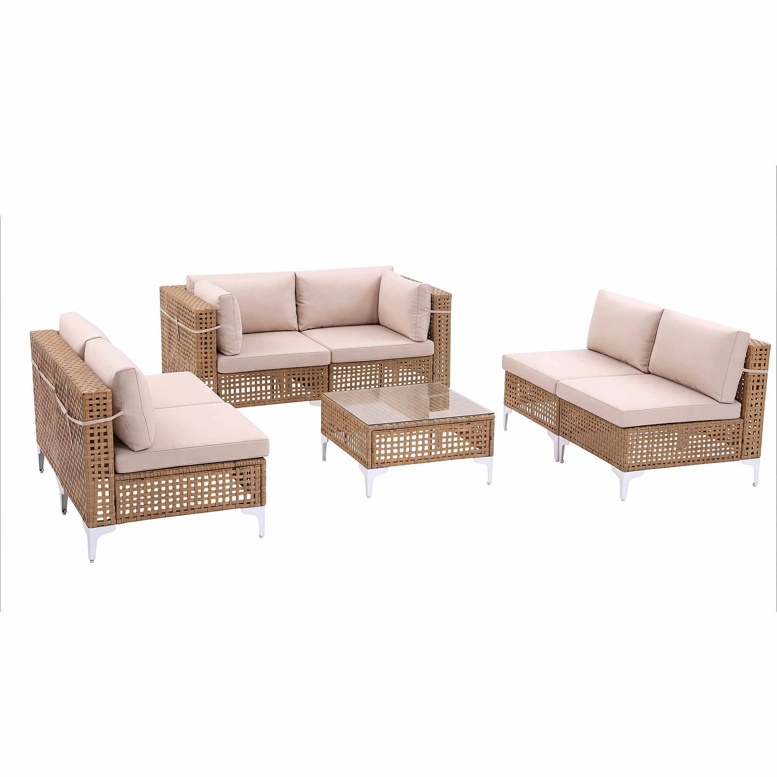 6 Seater Outdoor Rattan Sofa Set Modular Patio Furniture Beige