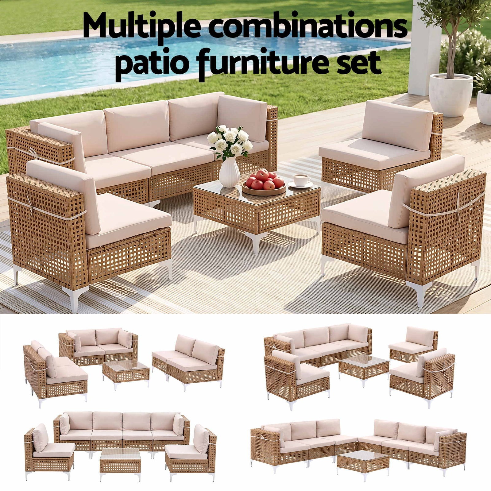 6 Seater Outdoor Rattan Sofa Set Modular Patio Furniture Beige