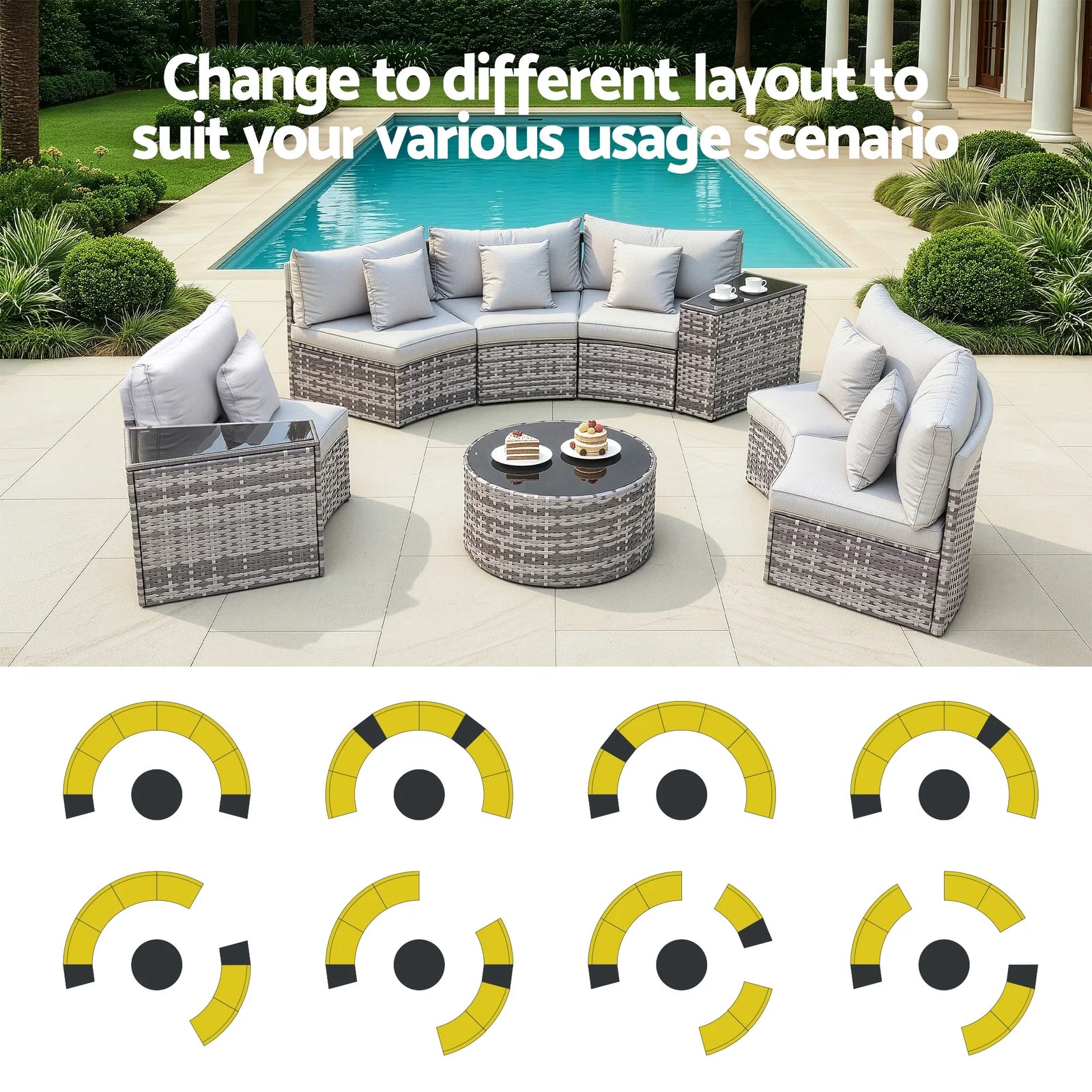 6 Seater Outdoor Sofa Set 9PCS Table Chair Set Garden Rattan Patio Furniture