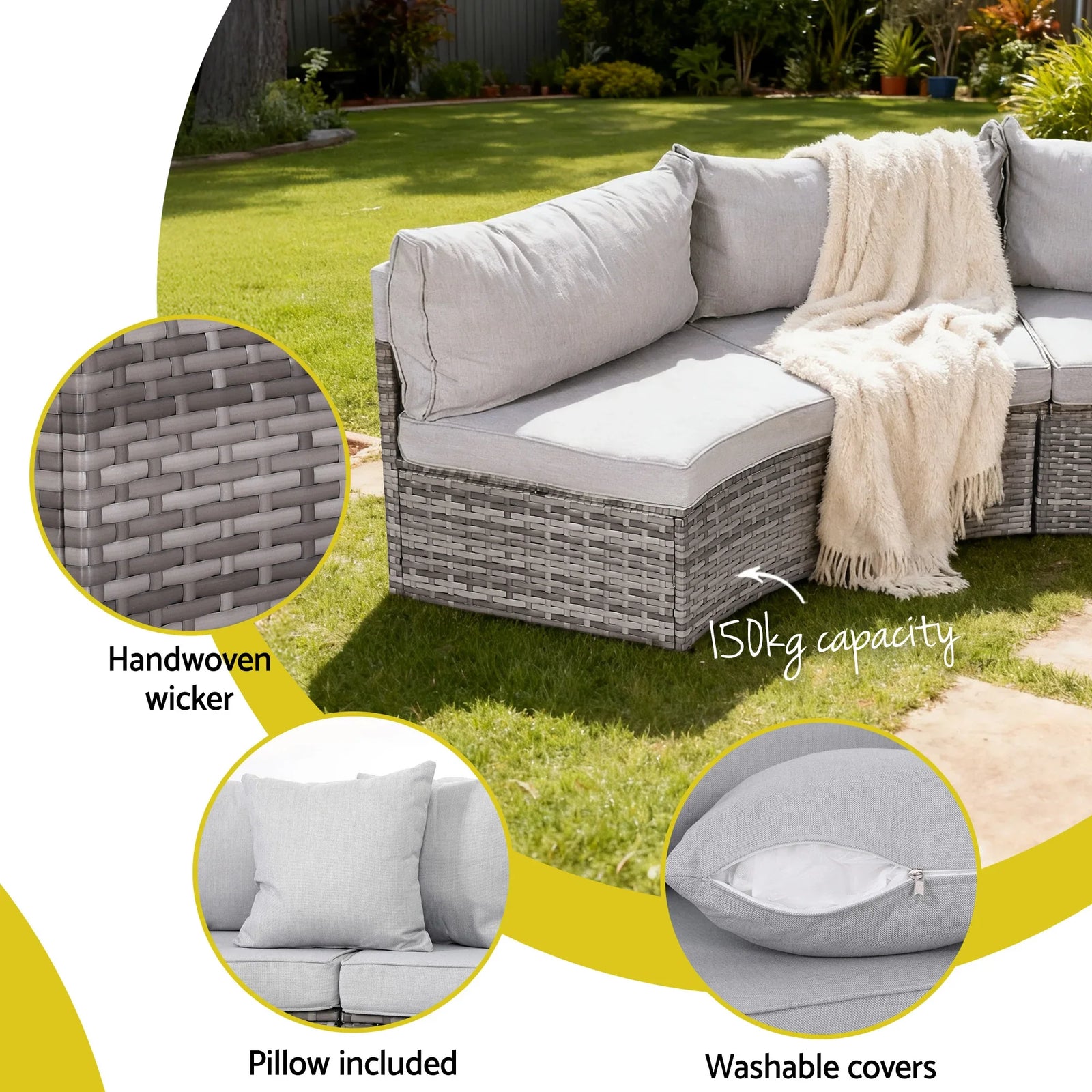 6 Seater Outdoor Sofa Set 9PCS Table Chair Set Garden Rattan Patio Furniture