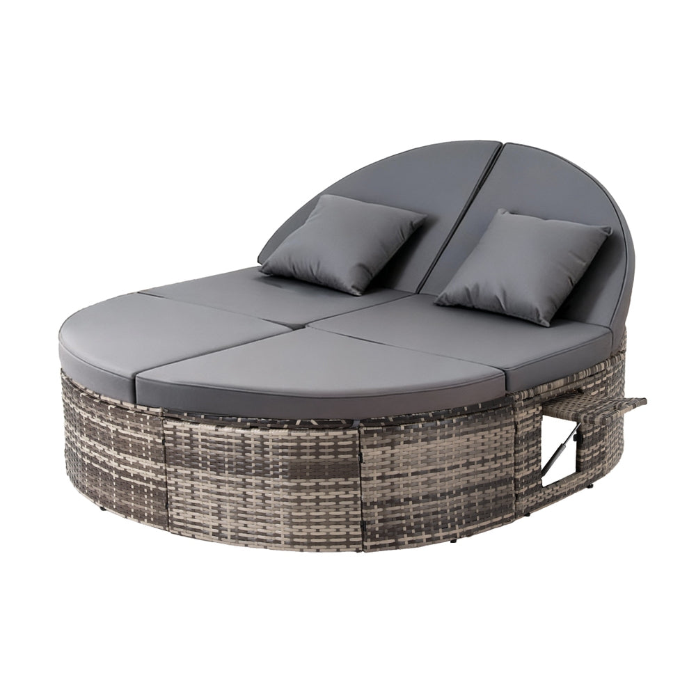 Outdoor Day Bed Sun Lounge Setting Wicker Lounger Patio Furniture w/ Retractable Side Tray