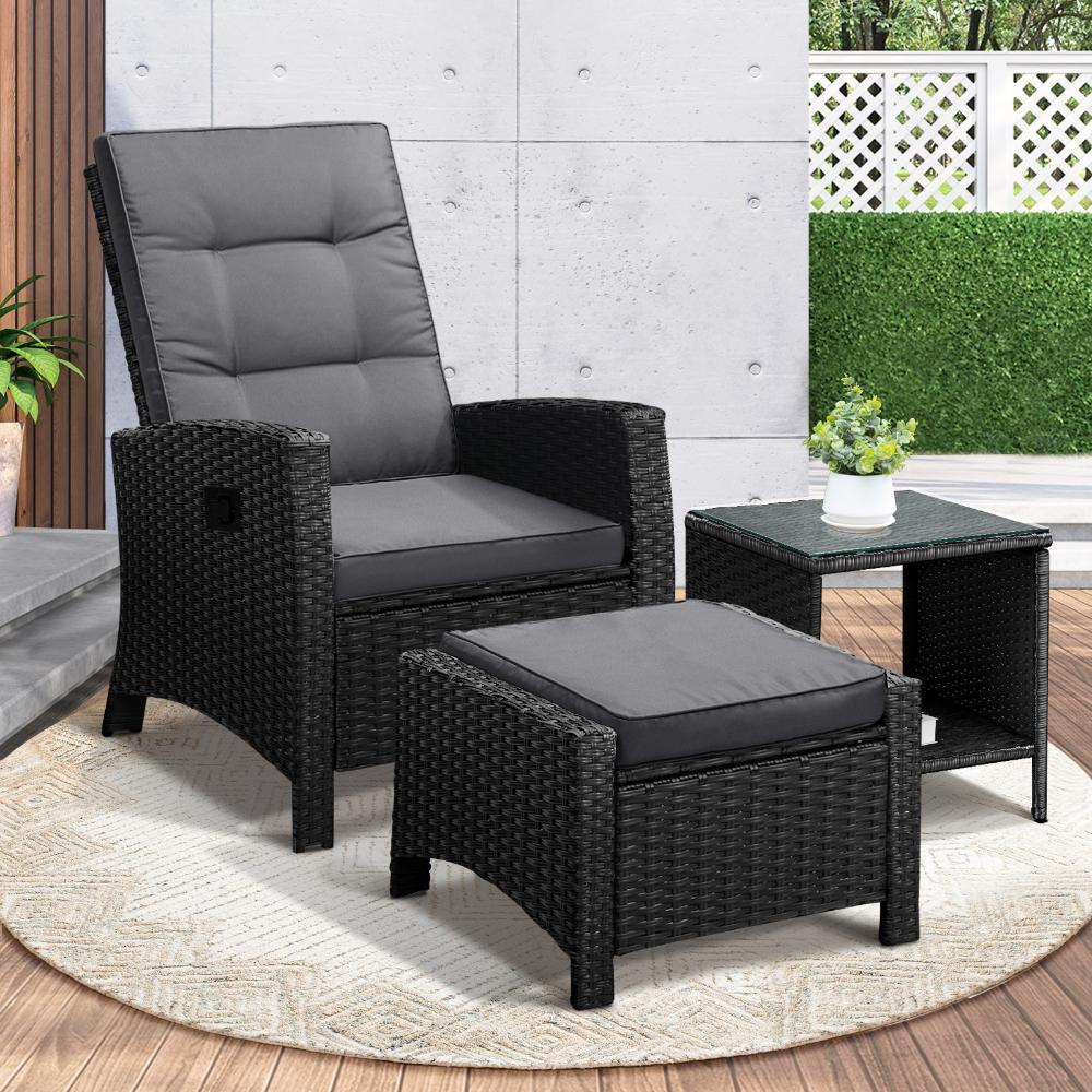 Recliner Chairs & Table Patio Set of 3 Black