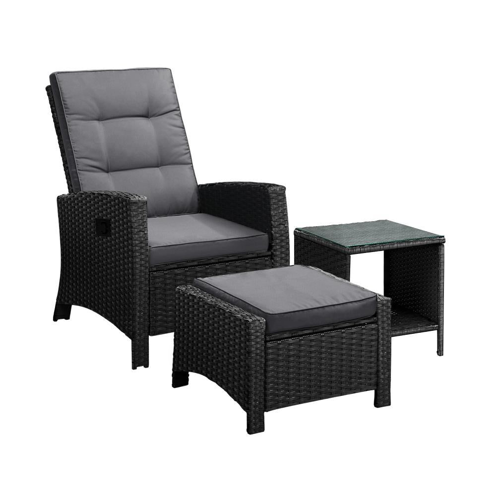Recliner Chairs & Table Patio Set of 3 Black