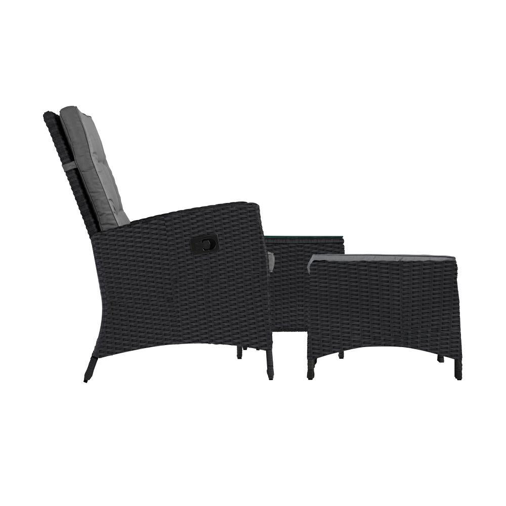 Recliner Chairs & Table Patio Set of 3 Black