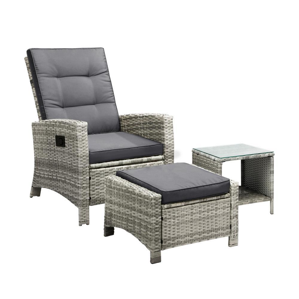 Recliner Wicker Sun Lounge Set 3PC Grey