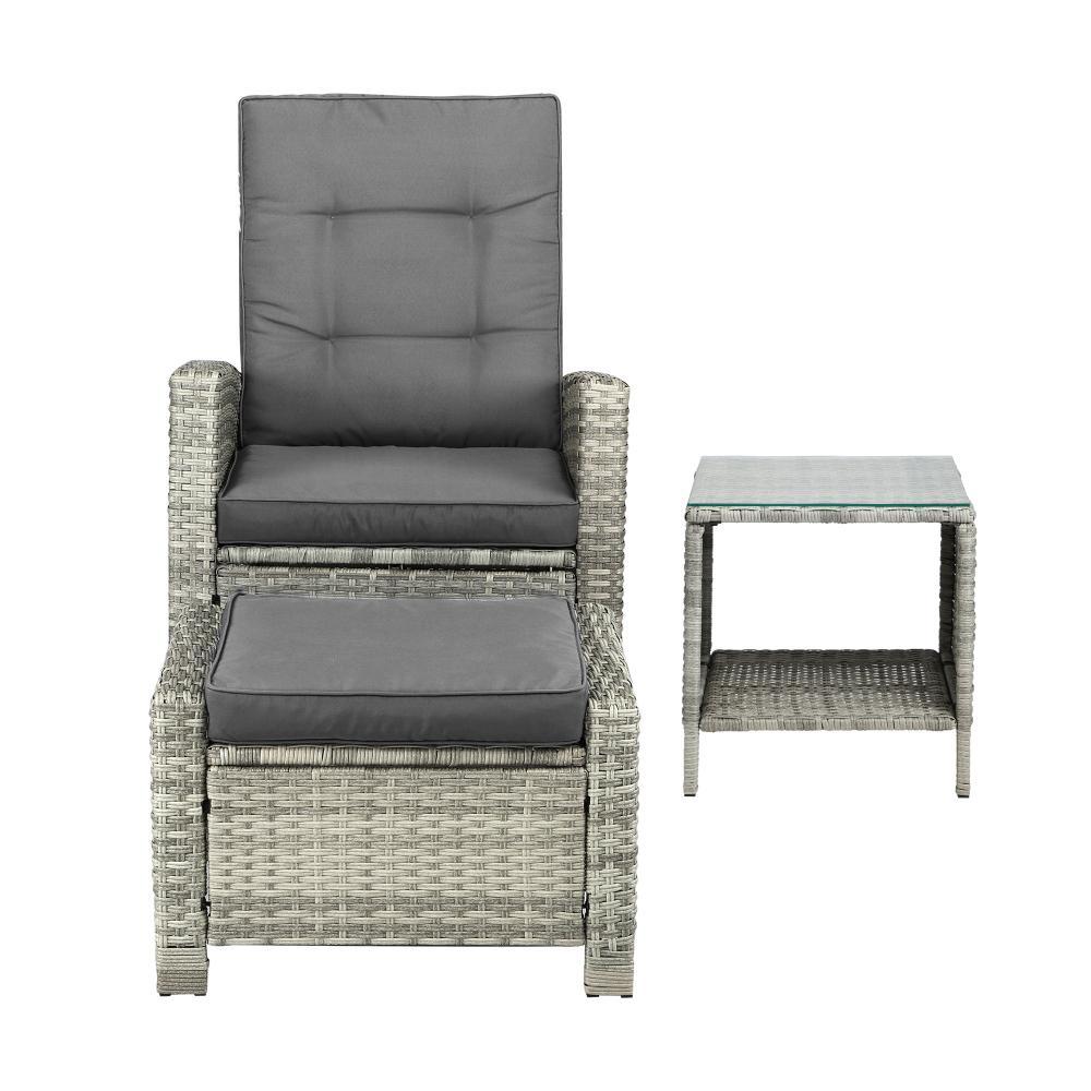 Recliner Wicker Sun Lounge Set 3PC Grey