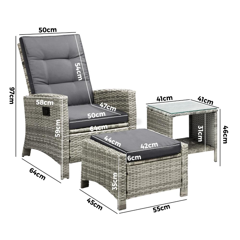 Recliner Wicker Sun Lounge Set 3PC Grey