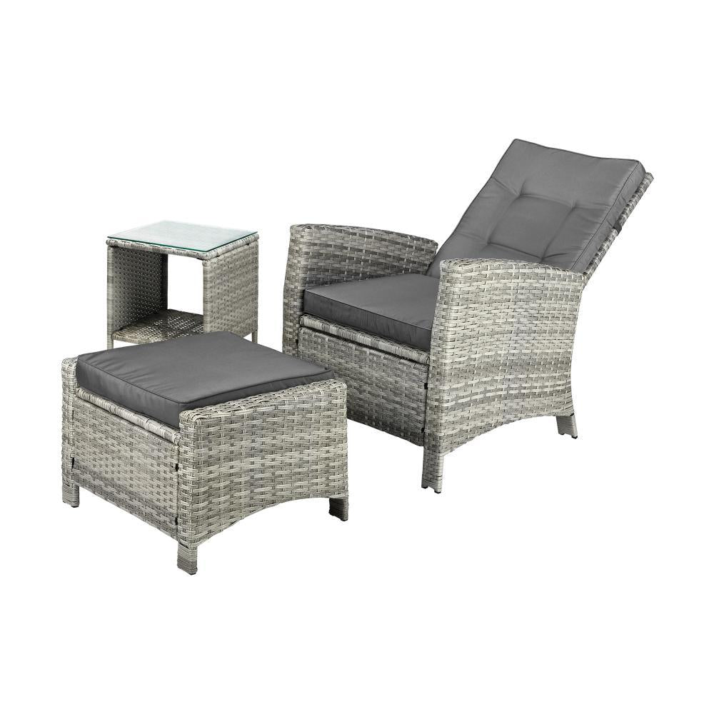 Recliner Wicker Sun Lounge Set 3PC Grey
