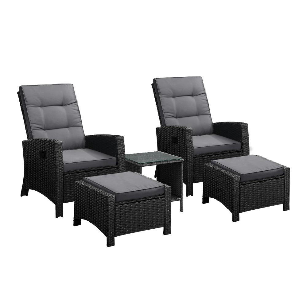 Recliner Chairs & Table Patio Set of 5 Black