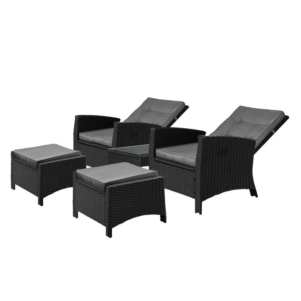 Recliner Chairs & Table Patio Set of 5 Black