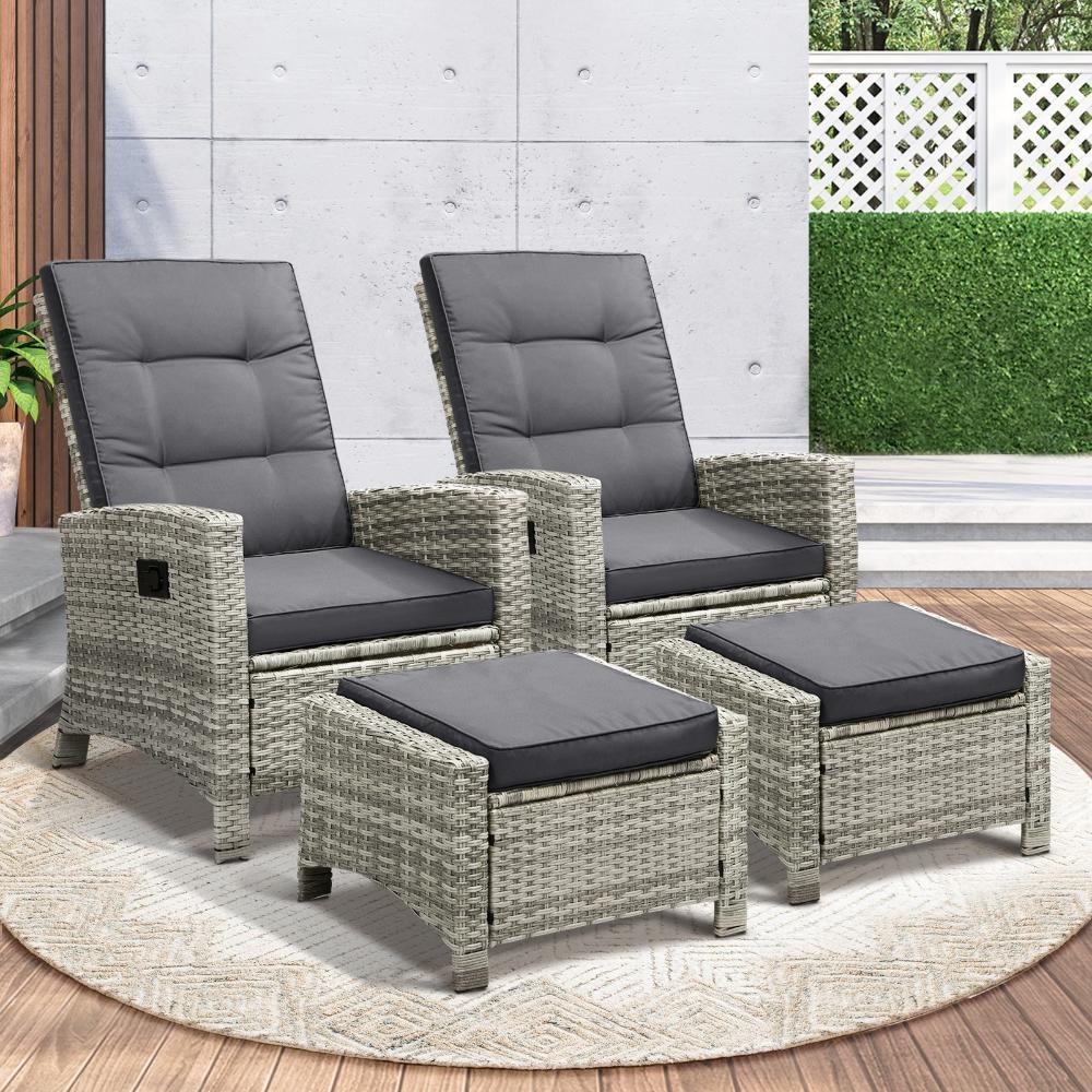 Recliner Outdoor Wicker Sun Lounger Set 2PCS Grey