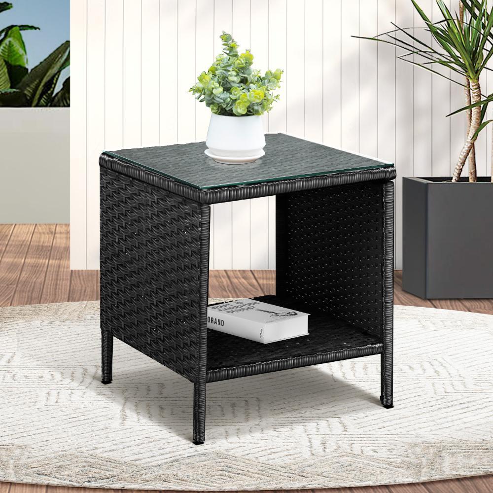 Rattan Side Table Glass Tabletop Black