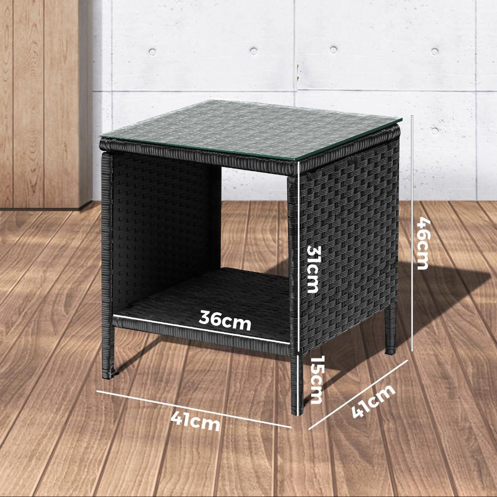 Rattan Side Table Glass Tabletop Black