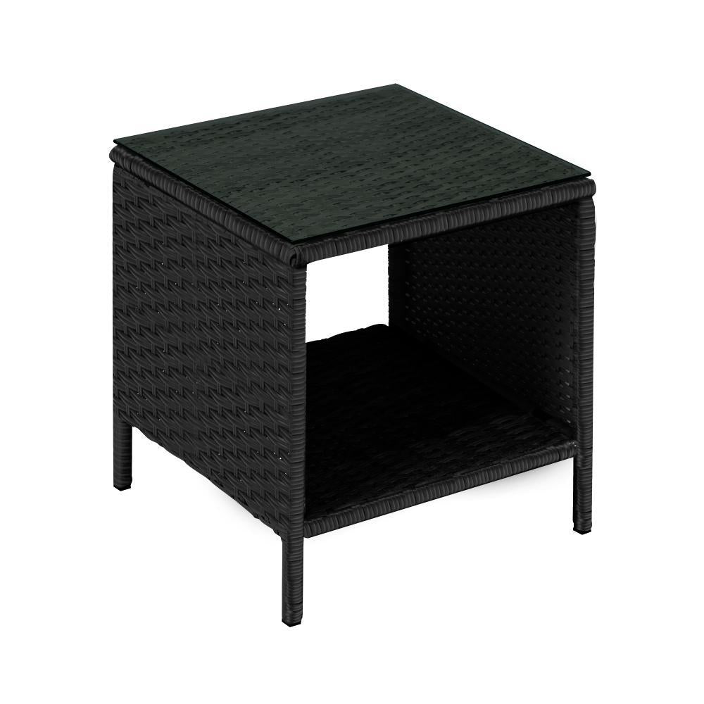 Rattan Side Table Glass Tabletop Black