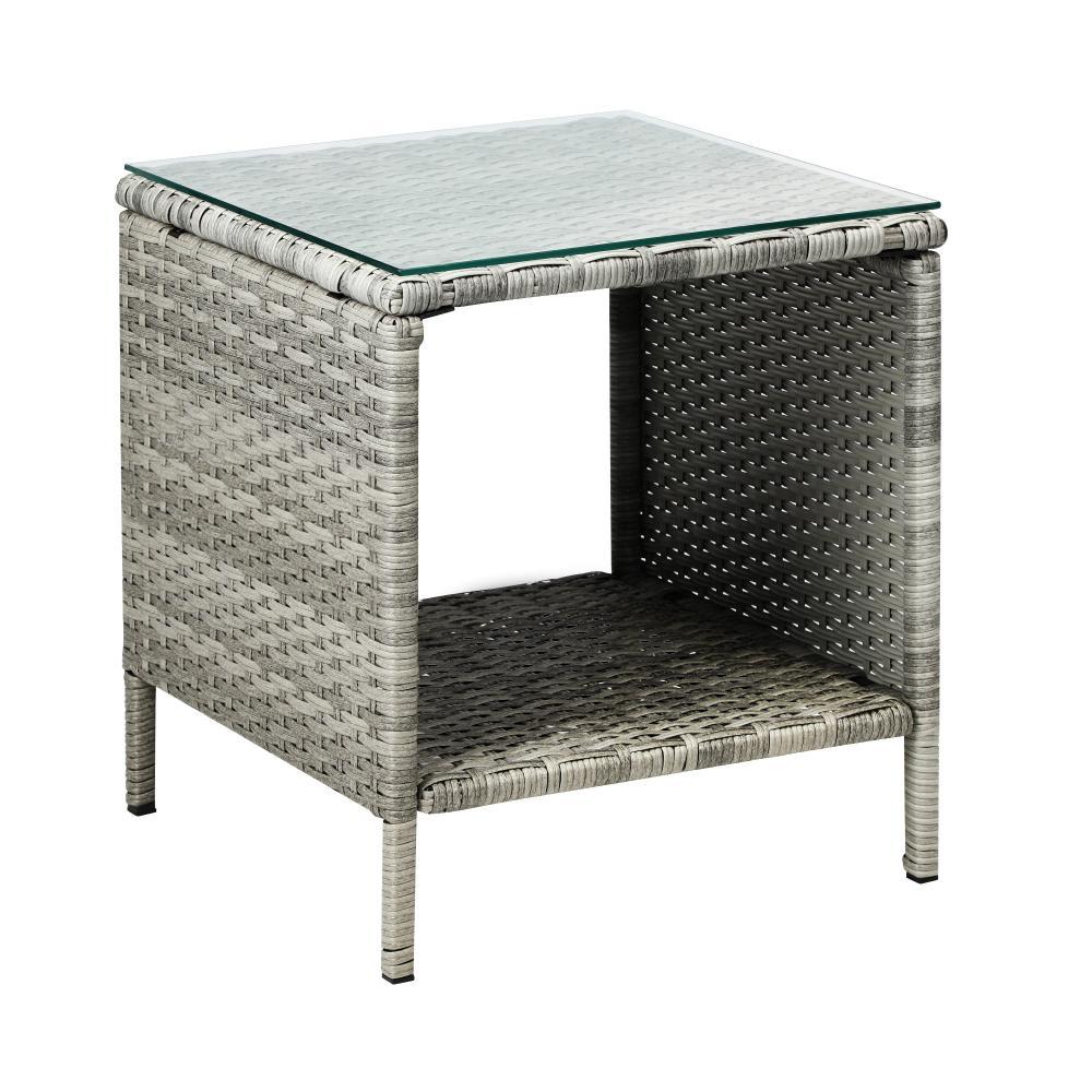 Rattan Side Table Glass Tabletop Grey