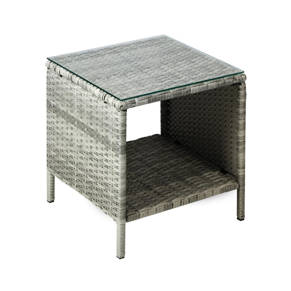 Rattan Side Table Glass Tabletop Grey