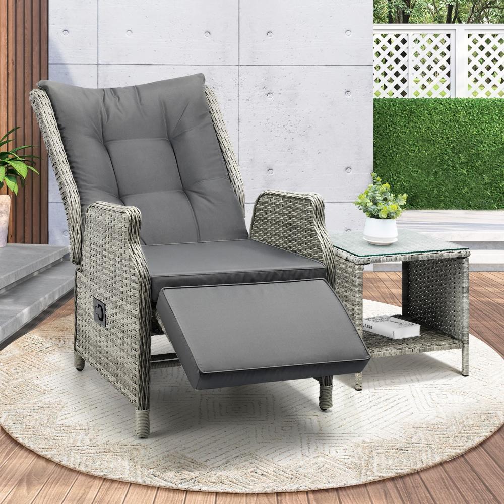 Outoodr Recliner Lounge & Table Set Wicker Grey