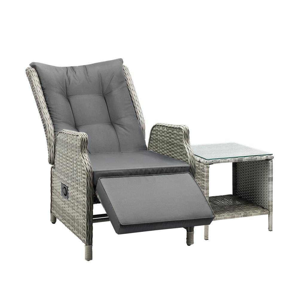 Outoodr Recliner Lounge & Table Set Wicker Grey