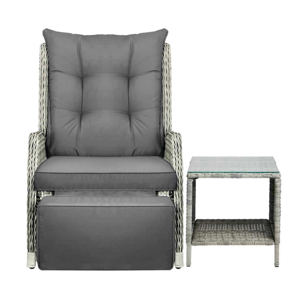 Outoodr Recliner Lounge & Table Set Wicker Grey