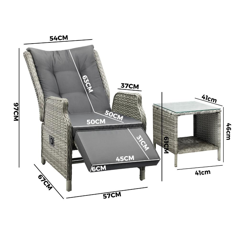 Outoodr Recliner Lounge & Table Set Wicker Grey