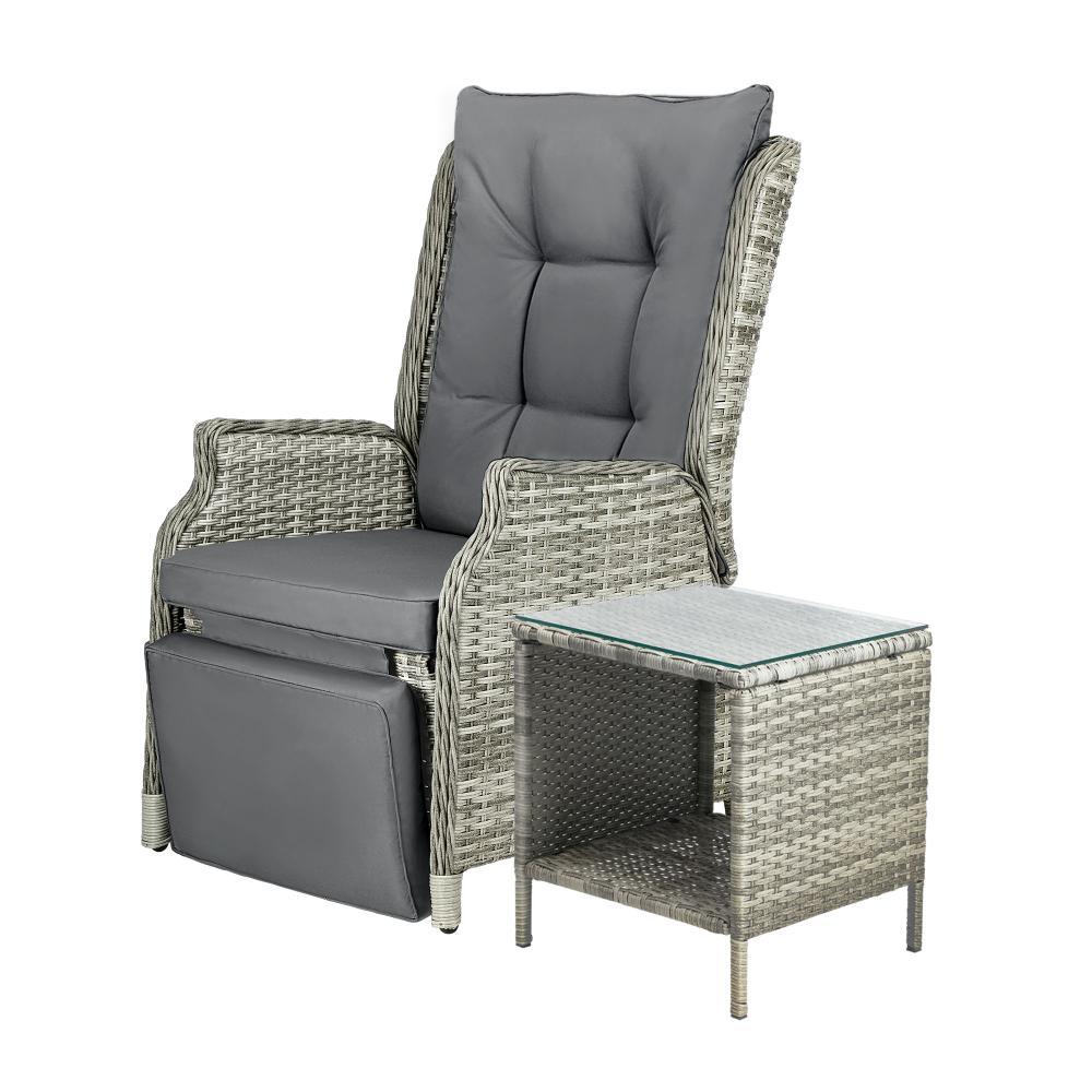 Outoodr Recliner Lounge & Table Set Wicker Grey