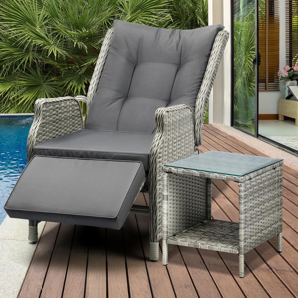 Outoodr Recliner Lounge & Table Set Wicker Grey