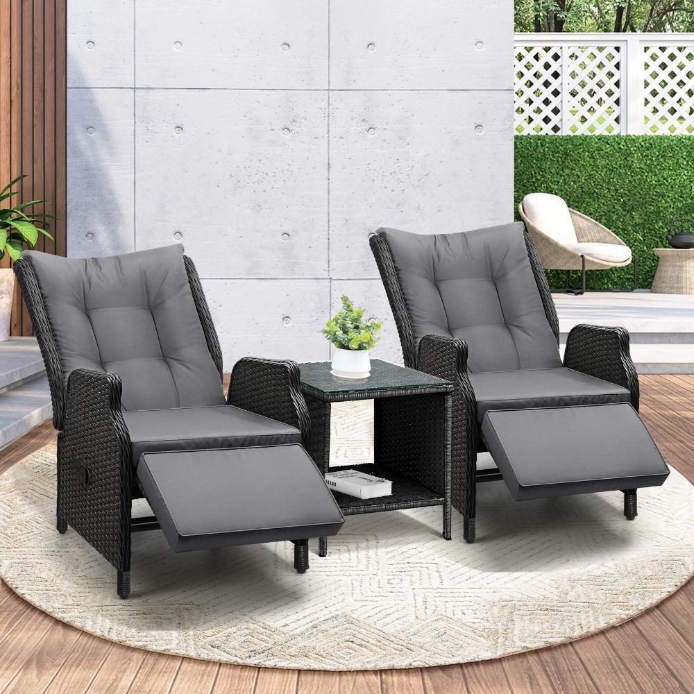 Sun Lounge Outdoor Recliner&Table Set of 3 Black
