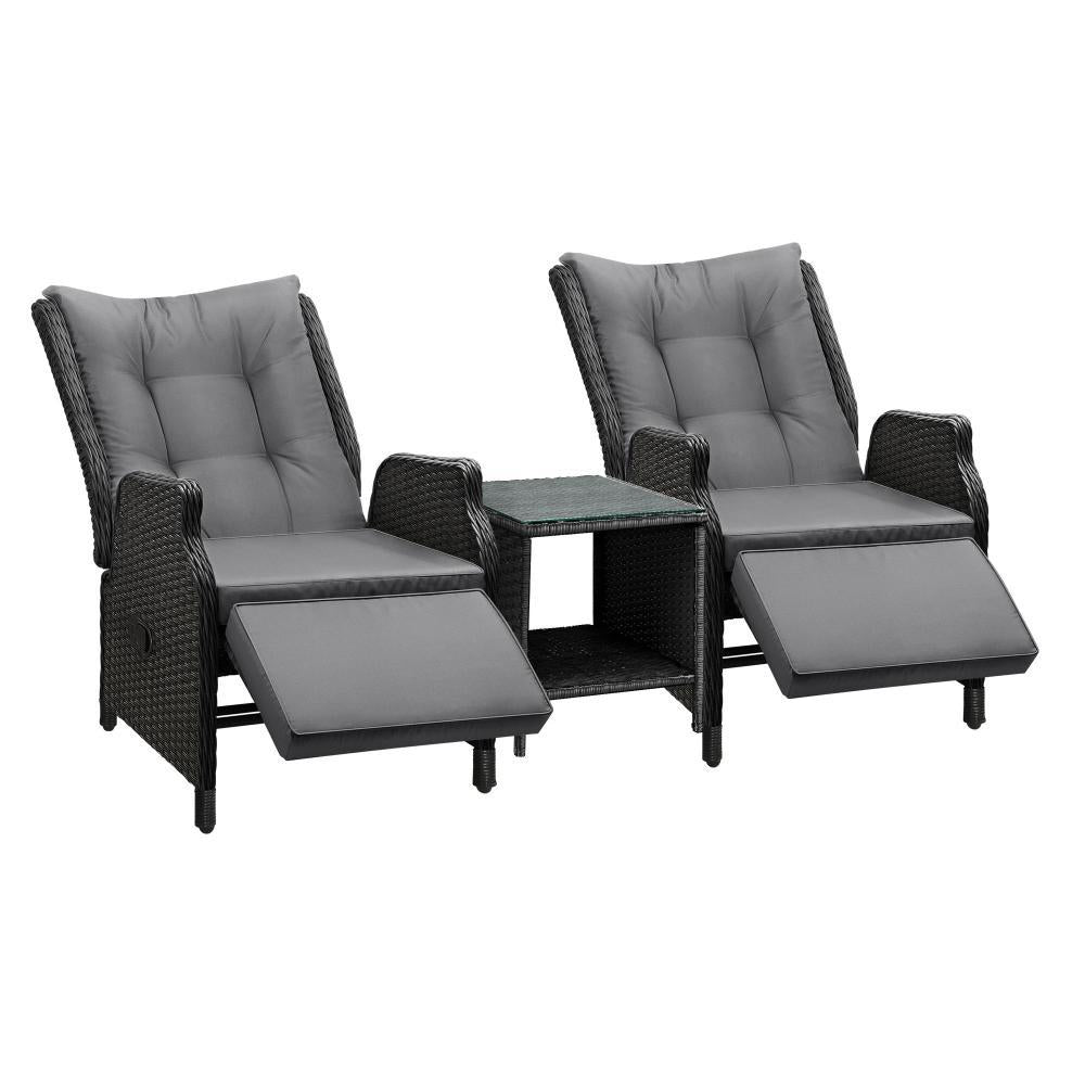 Sun Lounge Outdoor Recliner&Table Set of 3 Black