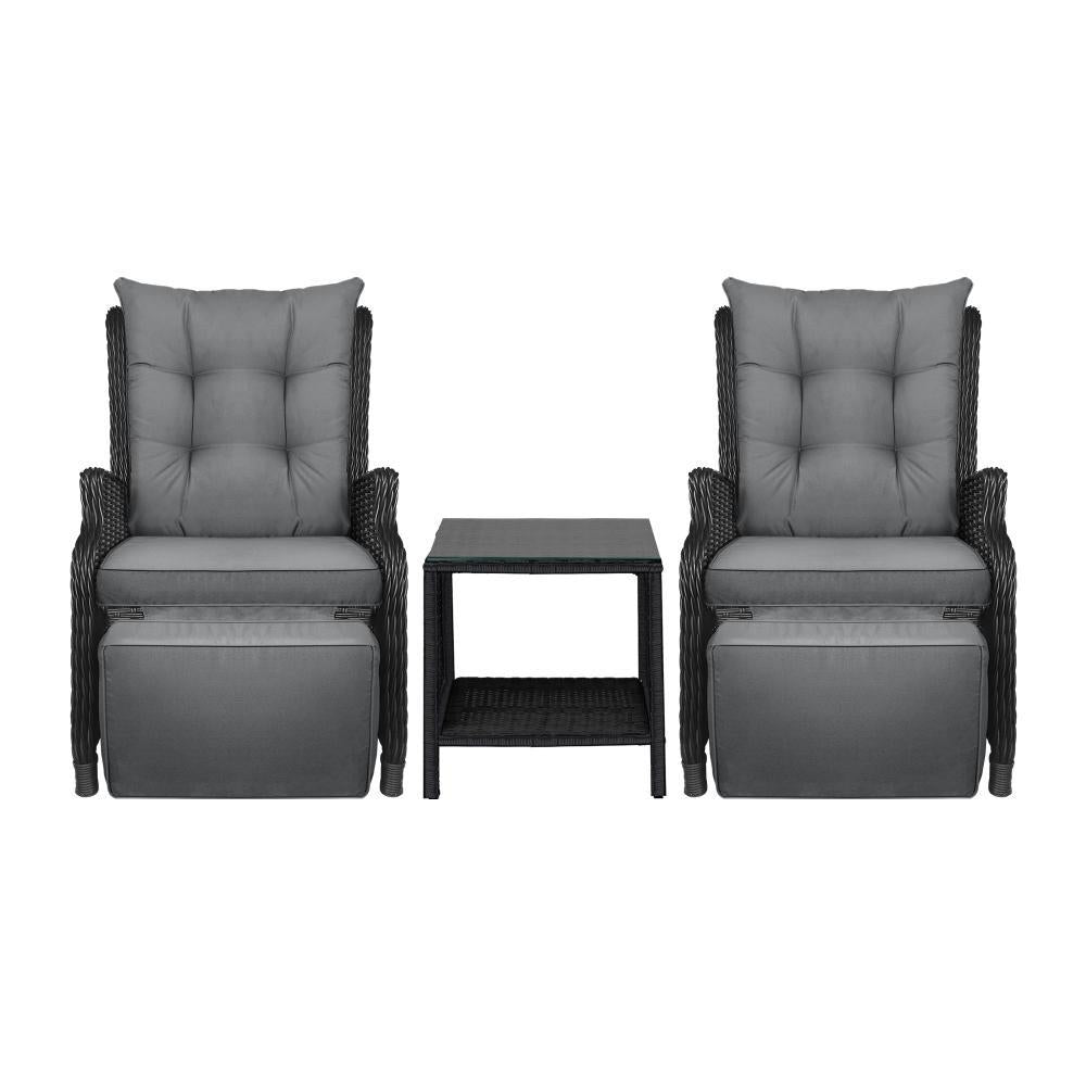 Sun Lounge Outdoor Recliner&Table Set of 3 Black
