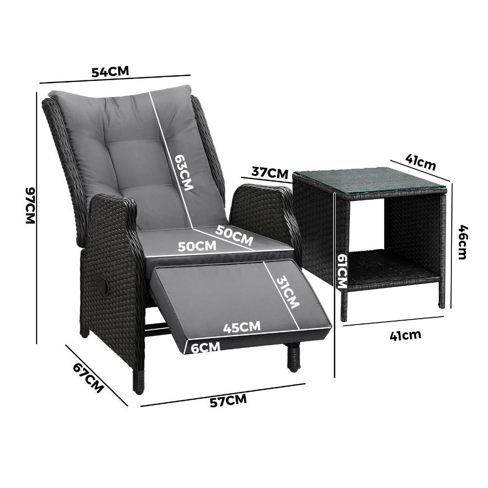 Sun Lounge Outdoor Recliner&Table Set of 3 Black