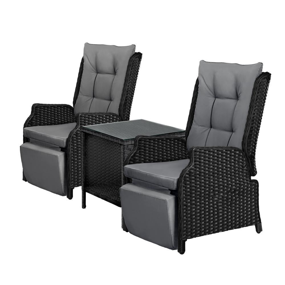 Sun Lounge Outdoor Recliner&Table Set of 3 Black