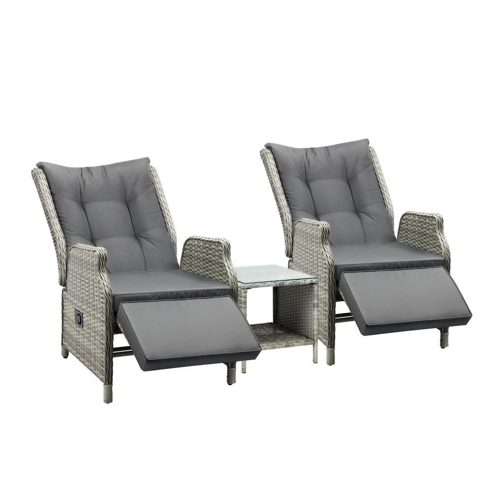 Outdoor Recliners Sun Lounger & Table Set of 3 Grey