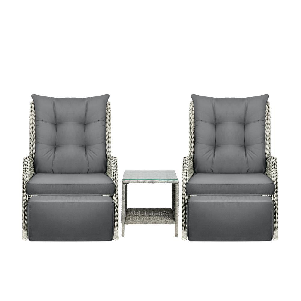Outdoor Recliners Sun Lounger & Table Set of 3 Grey