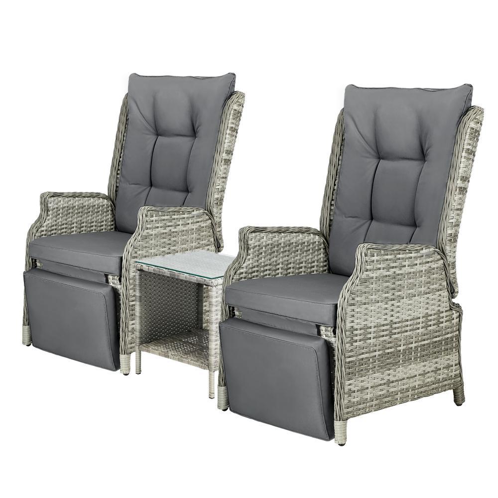 Outdoor Recliners Sun Lounger & Table Set of 3 Grey