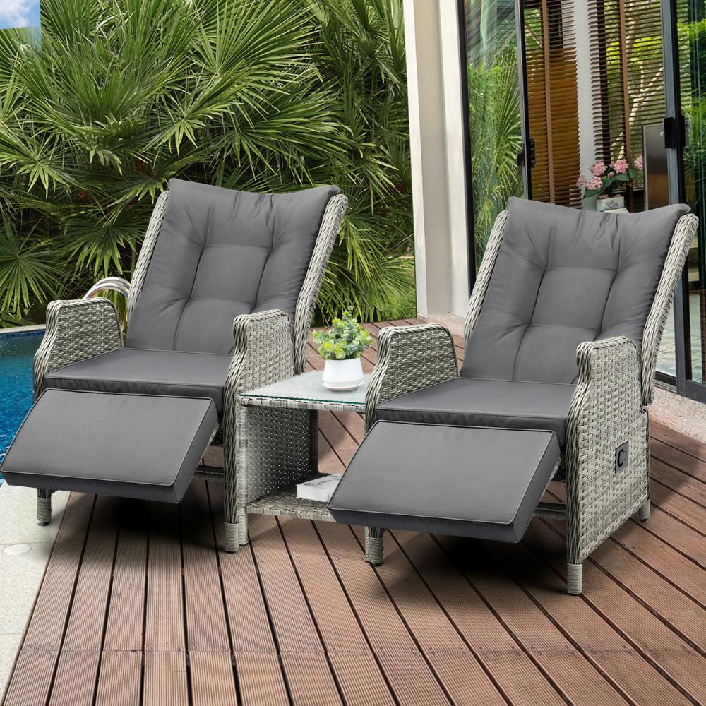 Outdoor Recliners Sun Lounger & Table Set of 3 Grey