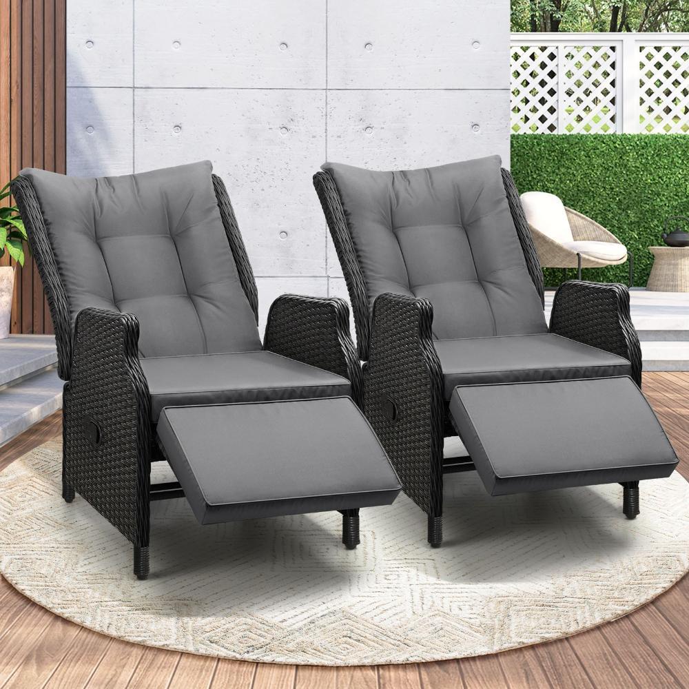 Sun Lounge Wicker Recliner 2 Pieces Black