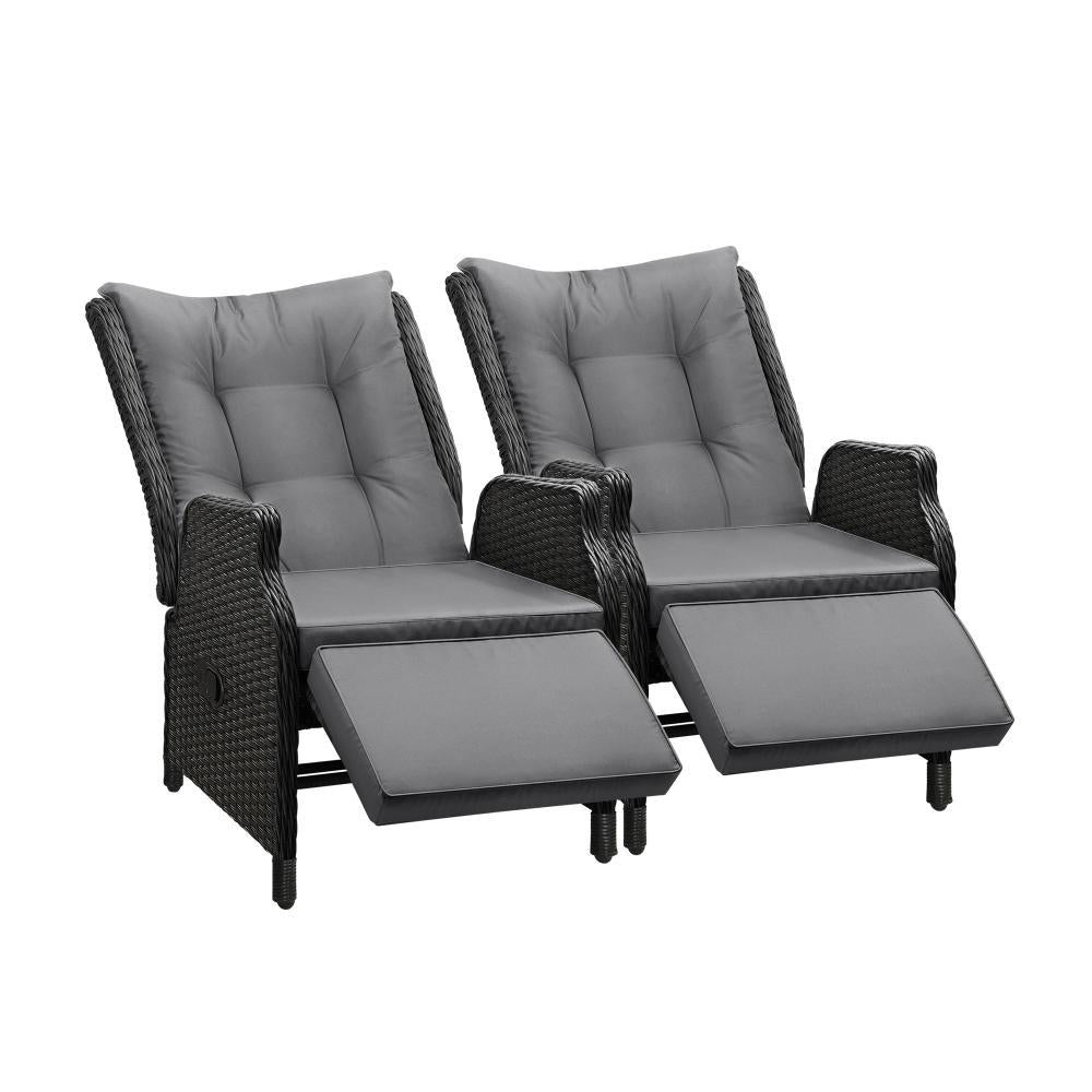 Sun Lounge Wicker Recliner 2 Pieces Black