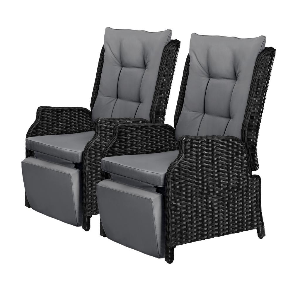 Sun Lounge Wicker Recliner 2 Pieces Black