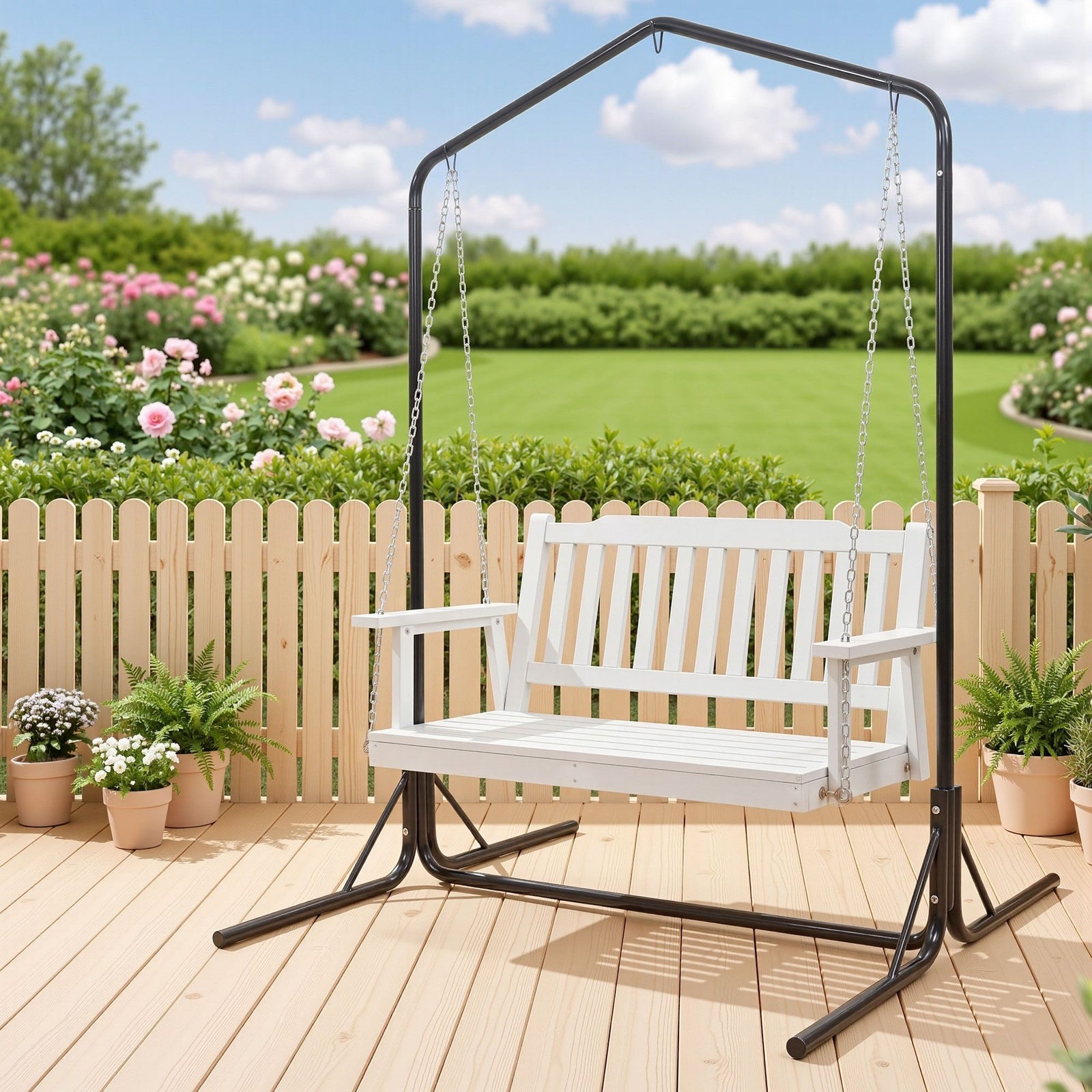 Wooden 2-Seater Outdoor Swing Chair with Black Stand White Hanging Chair