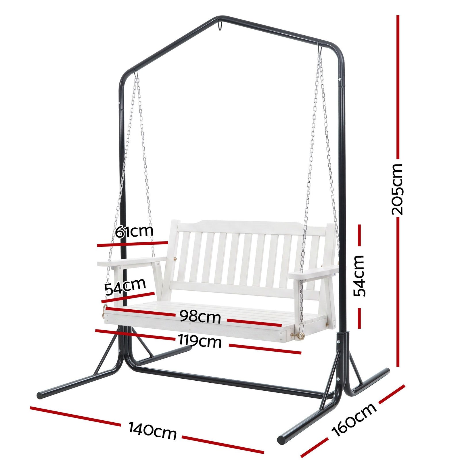 Wooden 2-Seater Outdoor Swing Chair with Black Stand White Hanging Chair